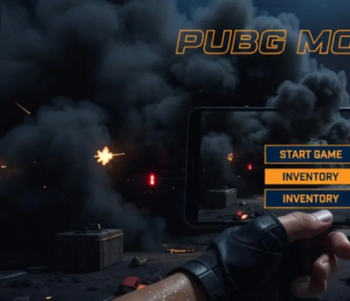 PUBG MOBILE mobilképernyőn, taktikai csatatér sötét, filmes hangulattal