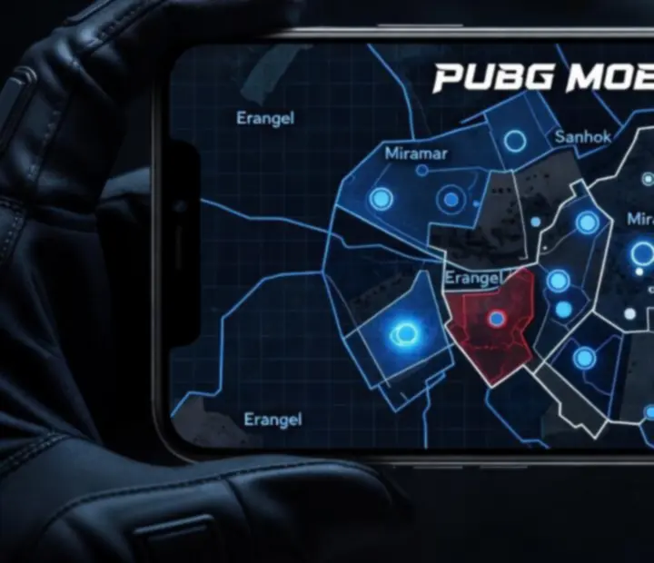 PUBG MOBILE taktikai térkép nézet, jelölésekkel és zónahatárokkal