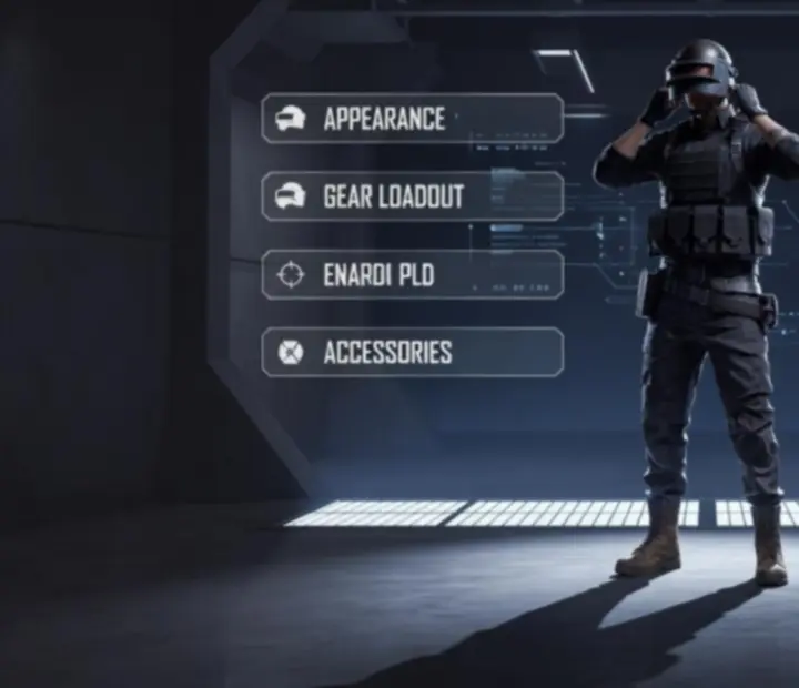 PUBG MOBILE menü és karakter testreszabási képernyő, különböző megjelenésekkel