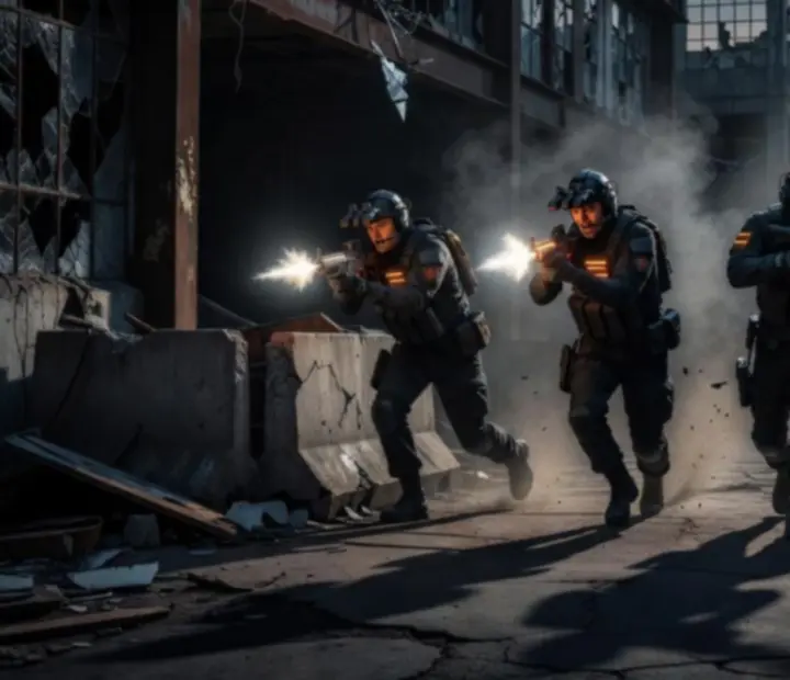 PUBG MOBILE csapatharc: négyfős squad fedezék mögül támad egy városi pályán