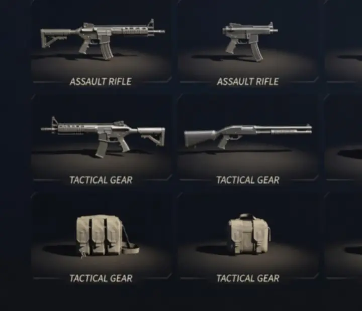 PUBG MOBILE fegyver- és felszerelésválasztó menü, különböző fegyverekkel és kiegészítőkkel