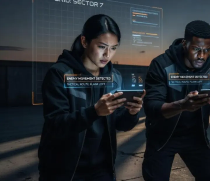 PUBG MOBILE csata okostelefon képernyőjén, sötét, filmszerű harctéri hangulattal
