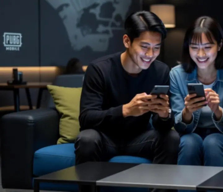 Baráti társaság együtt játszik PUBG MOBILE-t mobiltelefonokon, közös szórakozásként
