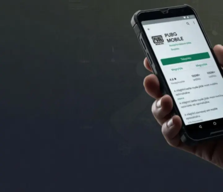 PUBG MOBILE Google Play Áruház oldalát stilizáltan bemutató sötét témájú illusztráció