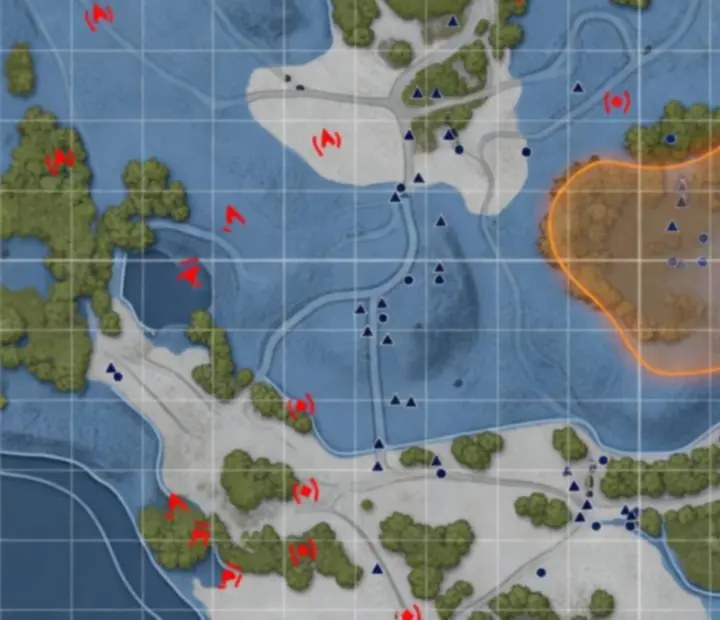 PUBG MOBILE taktikai térkép nézet, jelölésekkel és csapatpozíciókkal