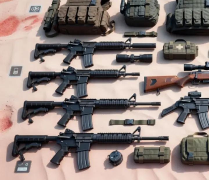 PUBG MOBILE fegyverek és felszerelések választéka a játék menüjében